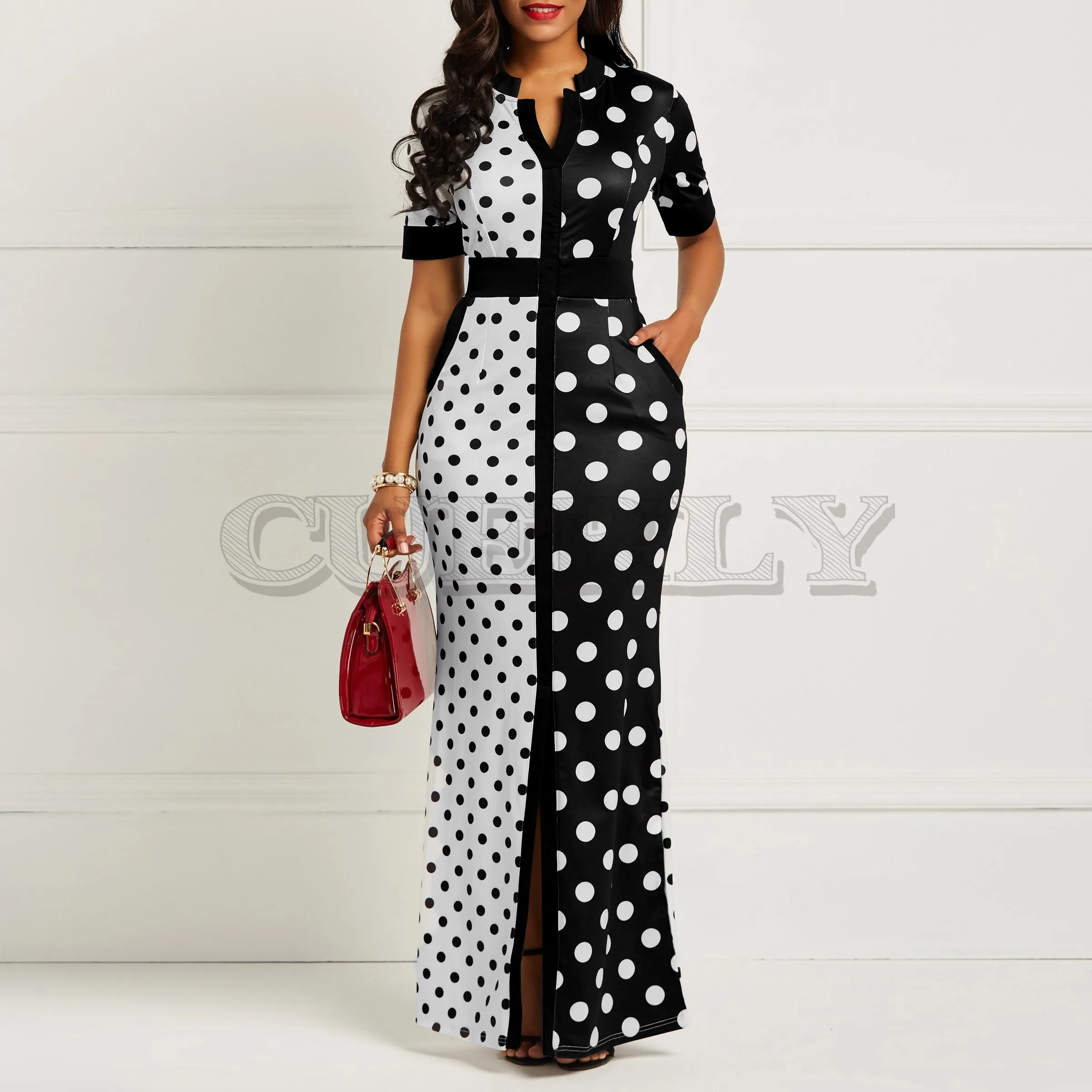 

CUERLY African Dress Vintage Polka Dot White Black Printed Retro Bodycon Women Summer Short Sleeve Plus Size Long maxi Dress
