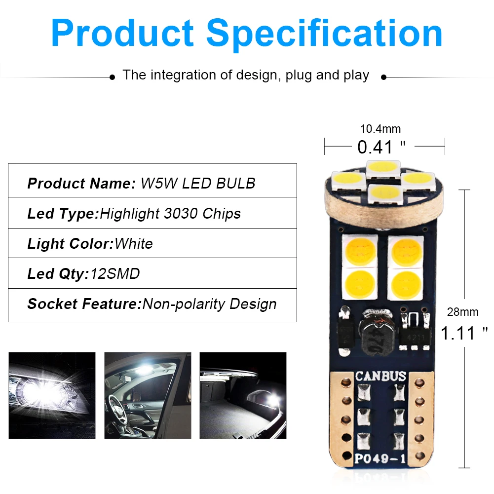 10 шт. T10 W5W 3030SMD 12В Светодиодная лампа сигнальные огни Canbus Error Free Led Габаритные огни ЧТЕНИЯ ИНТЕРЬЕР Розничная посылка