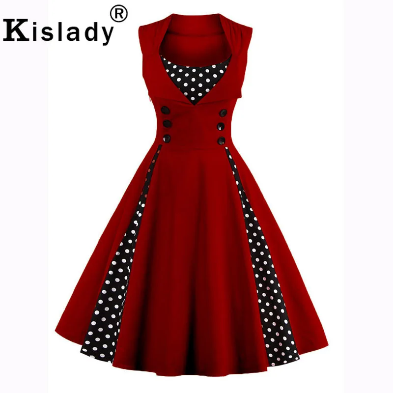 

1950s Summer Women's Polka Dot Vintage Dress V-Neck Patchwork Sexy A-Line Button Dress Rockabilly Red Swing Dress De Fiesta
