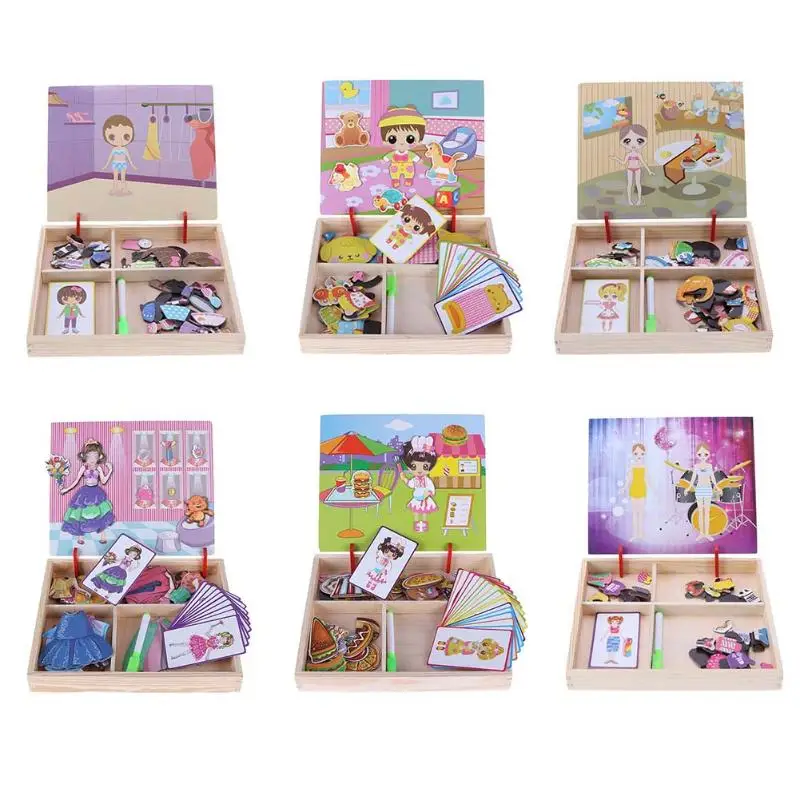 6 Styles Wooden Magnetic Dress Up font b Toys b font Puzzle Board Changing Clothes Games