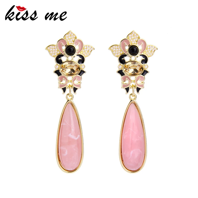 

KISS ME Pink Synthetic Stone Enamel Teardrop Hanging Earrings Party New Drop Earrings for Women Brand Jewelry