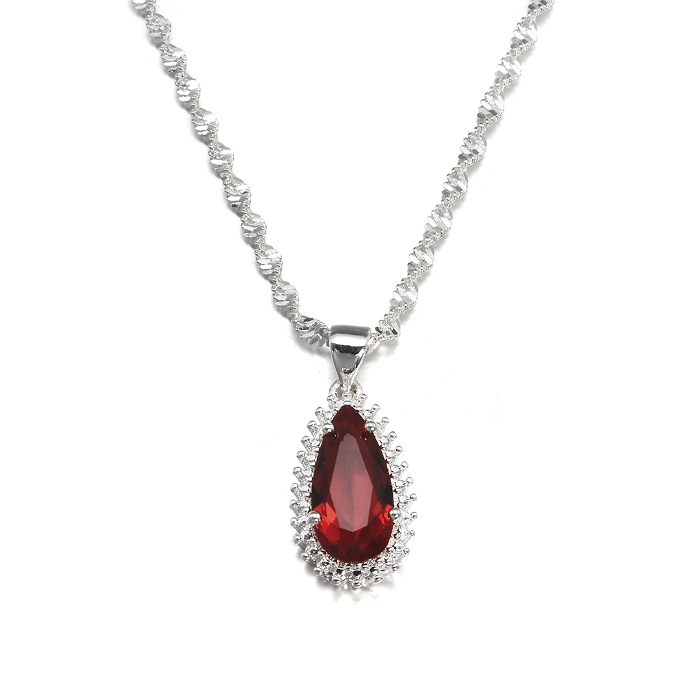 

New Silver plated Red Faceted Stone Pendant Necklace drop shape pendant with chain for women long necklace Fashion Jewelry 2018
