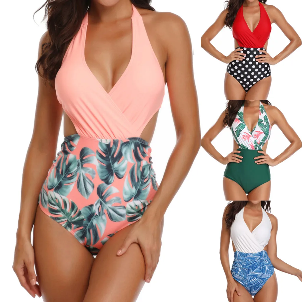 

Bikini 2019 Sexy Women Padded Sexy Floral Lace-up Print Backless Bikini Halter One Piece Swimwear Bikinis Swimming Suit Bathing