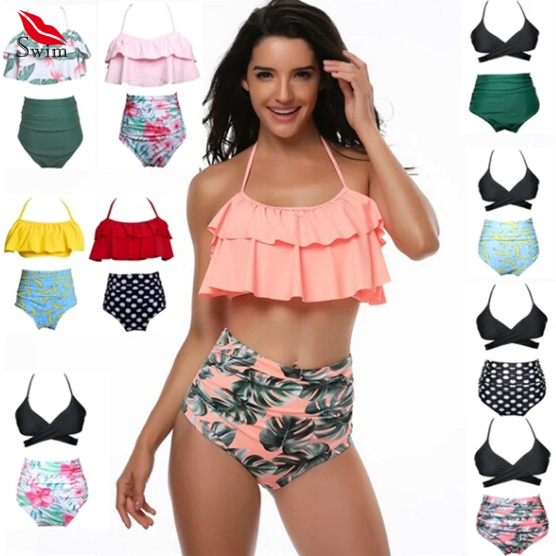 

Swimwear Women 2019 High Waisted Large Size Bikini Ruffle Vintage Girl Biquini Swimsuit Bandage Printed Bottom Bathing Suit