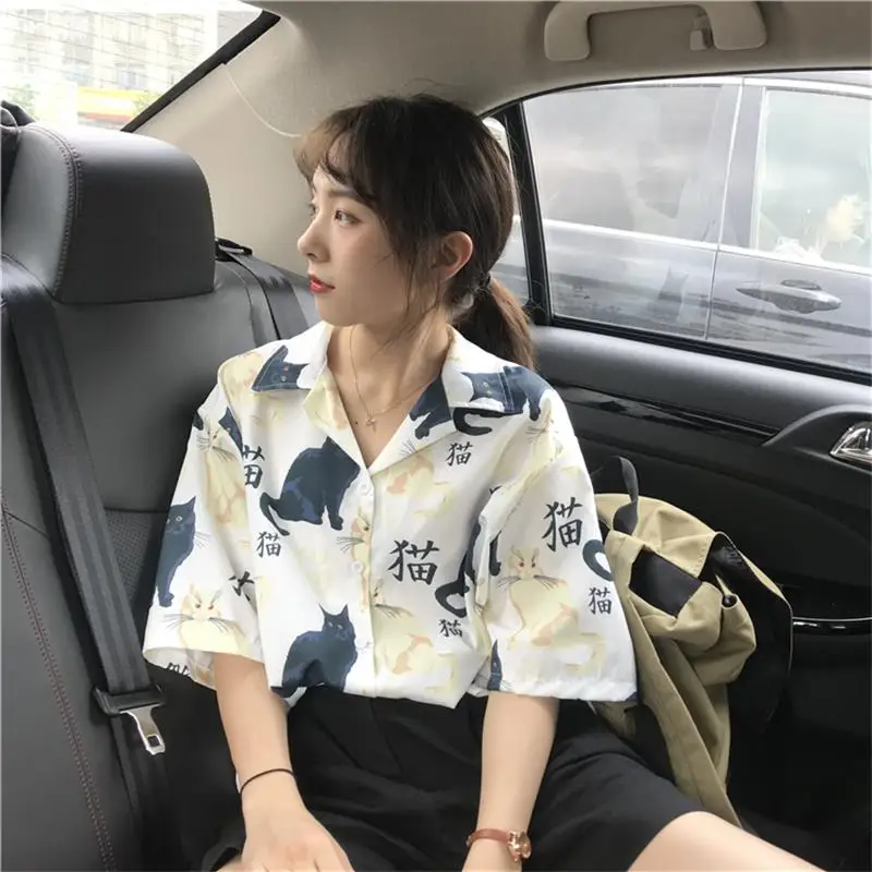 Повседневная Свободная рубашка с принтом кота женские рубашки Япония Kawaii Ulzzang
