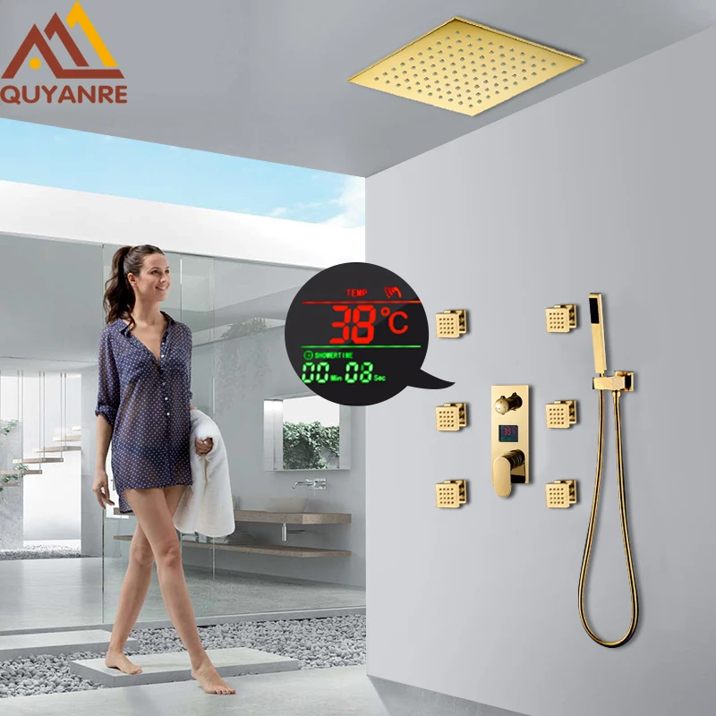 Quyanre Gold Lcd Digital Shower Faucets Set Led Shower 6pcs Massage Spa