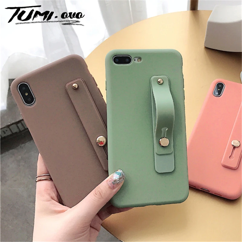 Simple Matte Candy Wrist Strap Hand Band silicone case for iPhone 6 6s 7 8 Plus X Xr Xs Max Back Phone Stand Ring Protect Cover