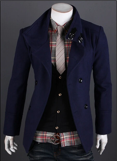 Горячая Распродажа осенне-зимнее шерстяное пальто мужской двубортный Тренч Куртка Верхняя одежда Пальто - Цвет: Navy blue
