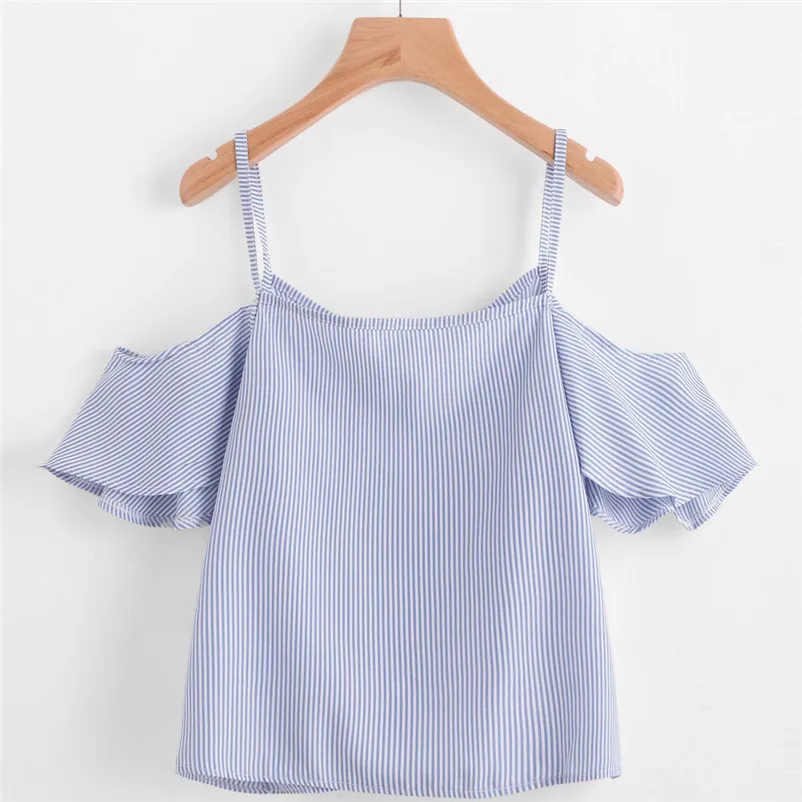 HOT sell Fashion womens tops and blouses summer 2018 Pinstripe Blouse Cold Shoulder Casual femme Blouse camicette Y17#N  (1)