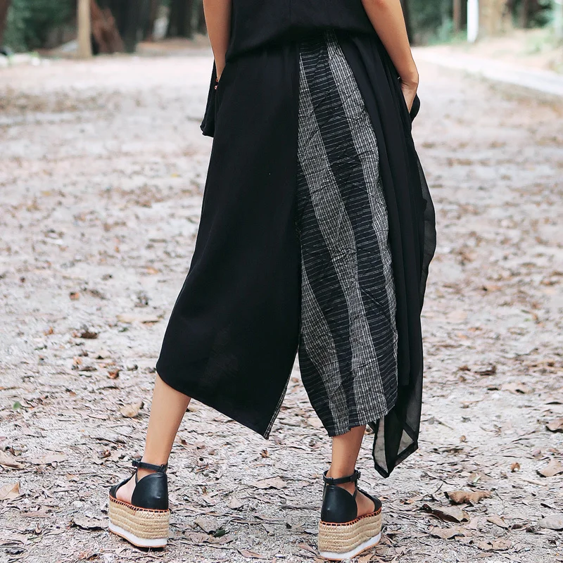 #0618 Summer Joggers Women Spliced Chiffon Wide Leg Pants Female Loose Streetwear Cotton Linen Elastic High Waist Trousers Black #0618 Summer Joggers Women Spliced Chiffon Wide Leg Pants Female Loose Streetwear Cotton Linen Elastic High Waist Trousers Black