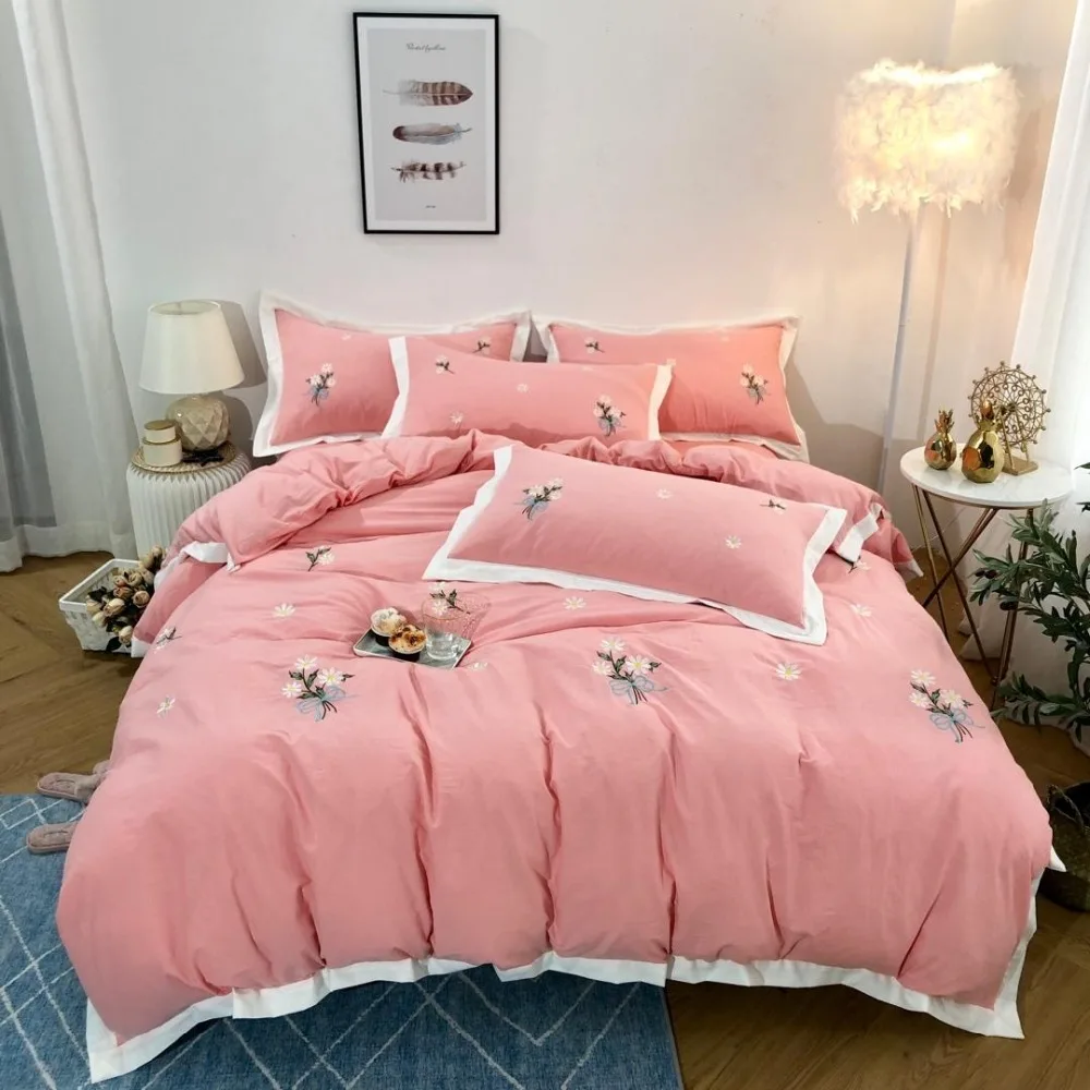 

Daisy series Bedding Set embroidery Bed Set washable cotton Bed Sheet Queen King Size Duvet Cover Set Pink yellow blue Bed Linen
