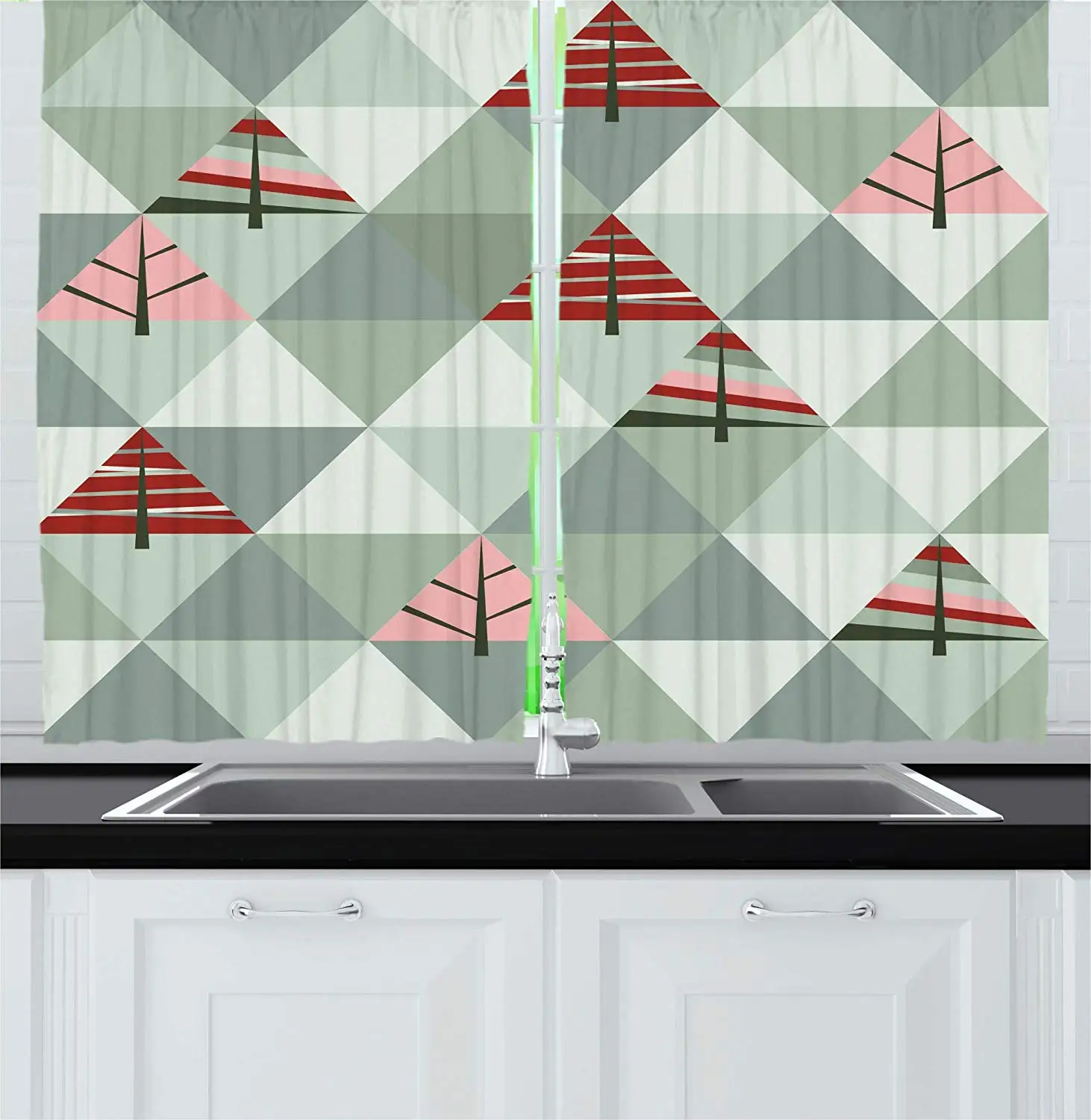 Grey Decor Curtains Abstract Geometric Theme Retro Illustration of Triangles Trees Print Window Drapes for Living Room Bedroom | Дом и сад