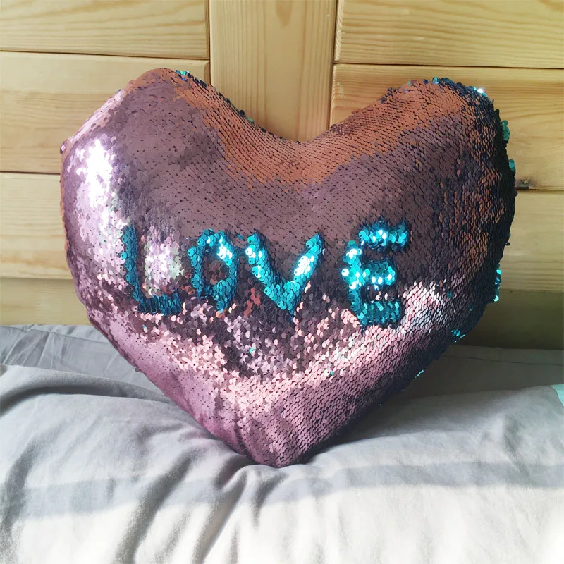 FEESHOW Love Heart Shaped Sequins Mermaid Pillow Cover Sofa Bed Home Decor Cushion Case Pink & Blue One Size 