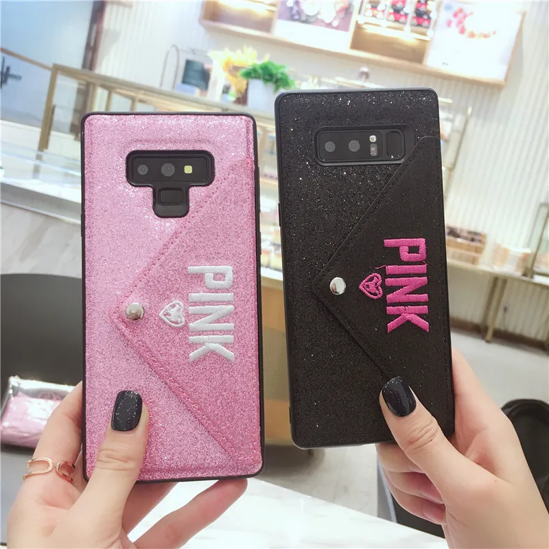 

Luxury PINK Glitter Embroidery Card slot wallet Case for Samsung Galaxy Note 8 Note 9 Phone shell Fashion Cute Pink back cover