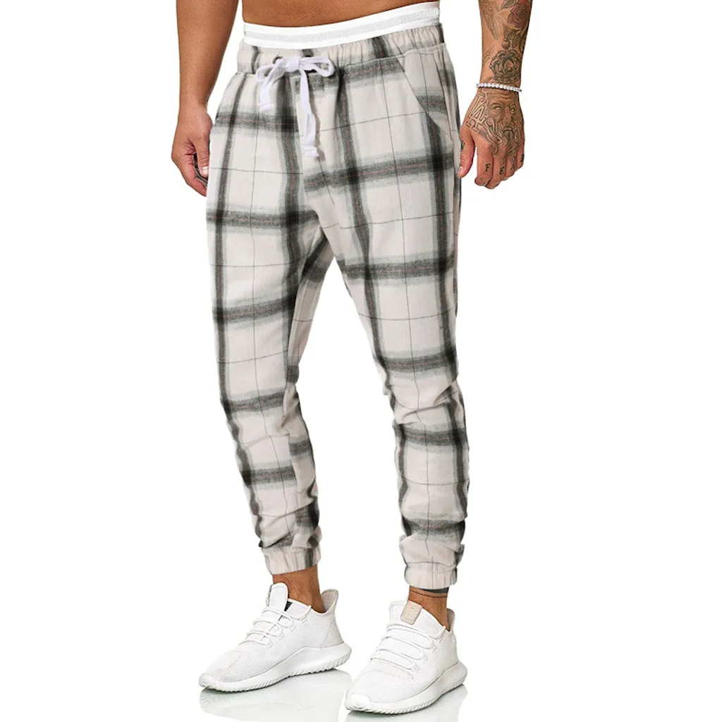 

Vintage Scottish Plaid Joggers Pants Mens Tartan Track Pants Justin Bieber Drawstring Ankle Strap Zip Patch Sweatpants Hip-hop