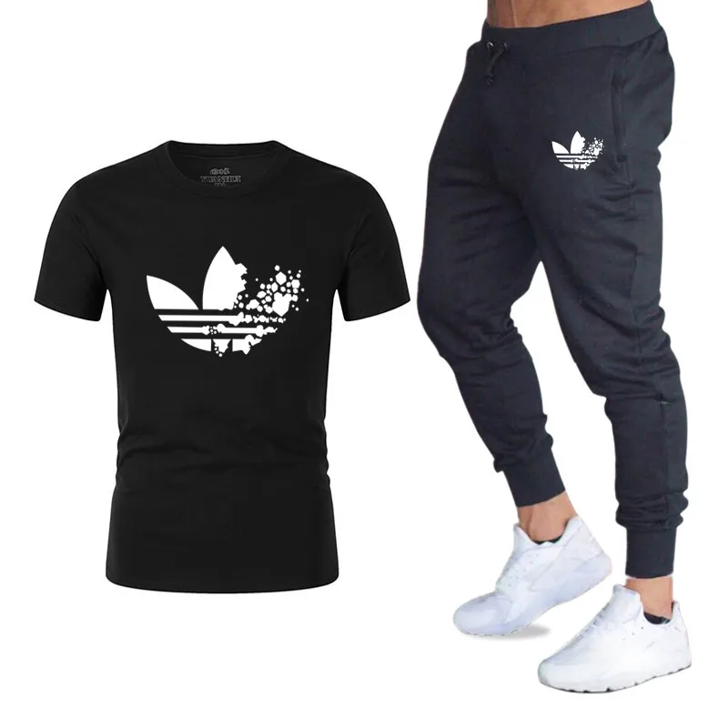 ADI Summer Hot Sale Men's Sets T Shirts+pants Two Pieces Sets Casual Tracksuit Male 2019 Casual Tshirt Gyms Fitness trousers men