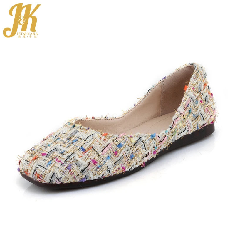 

JK Cloth Women Flats Spring Fashion Shallow Handmade Casual Boat Shoes Square Toe Slip On Mixed Colors Footwear Big Size 32-44