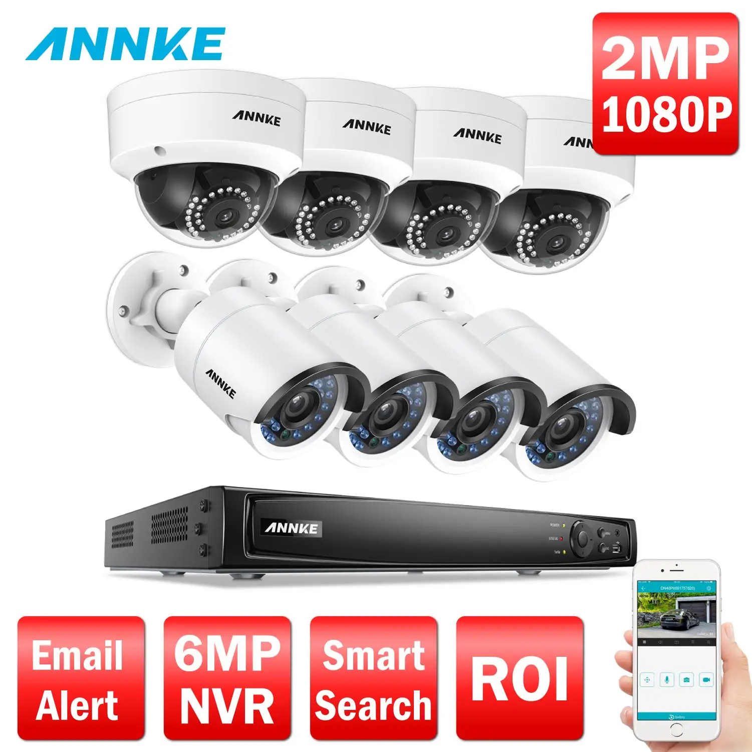 

ANNKE Professional 1080P POE Security Camera System 8CH Security NVR With 4x 2MP CCTV Dome Cameras, No HDD