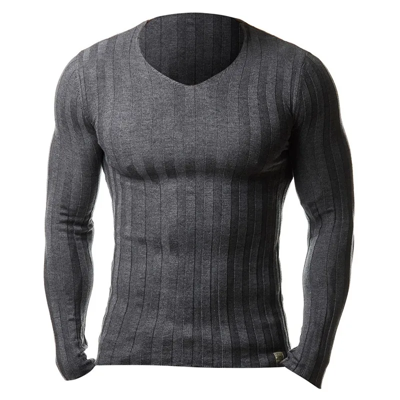 Трикотажная Мужская футболка, приталенный свитер, Повседневная футболка, пуловер с v-образным вырезом, вязаная футболка, модная однотонная теплая футболка, топ размера плюс 3XL - Цвет: Dark Gray