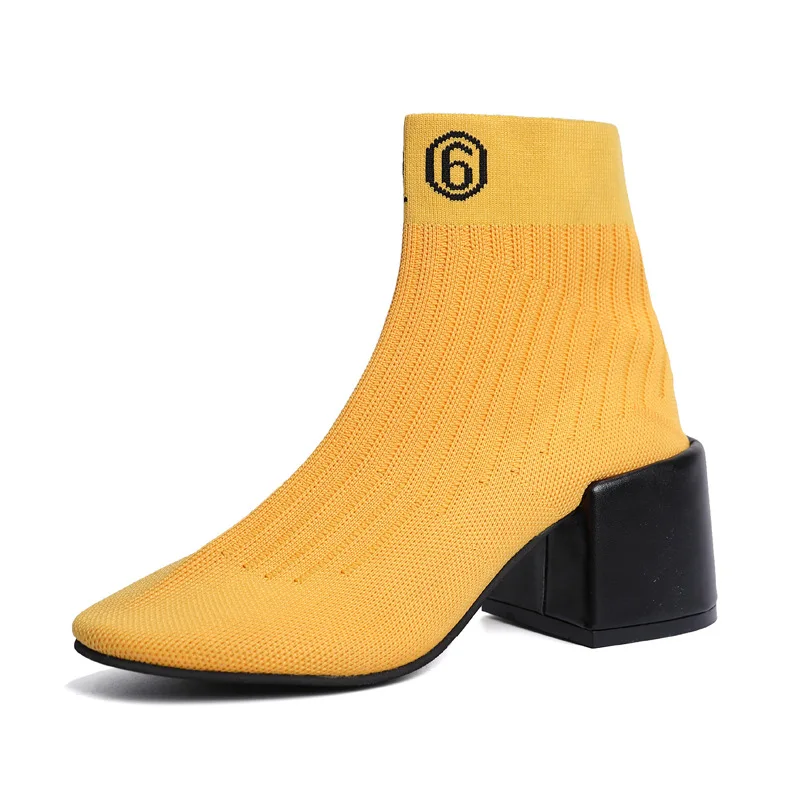 

Womens Boots Elastic Knit Sock Boots Ladies High Heels Fashion Ankle Boot Women Round Pointed Toe Pumps Thick heel knitted Botas