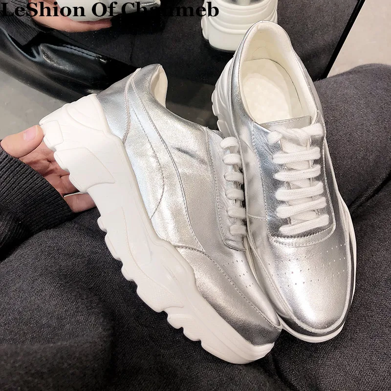 

Size 43 Women cow leather lace up platforms white sneakers lady top qulaity round toe casual shoes female leisure shoes creepers