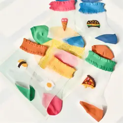 Творческий Смешные Еда Носки для девочек ins Мода Hipster летние прозрачные Носки для девочек Burger суши Harajuku Женский Кристалл Стекло шелк Книги