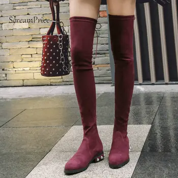 

Women Comfort Flat With Woman Suede Over The Knee Boots Stretch Boots Fashion Lace Up Dress Thigh Boots Woman Black Wine Red