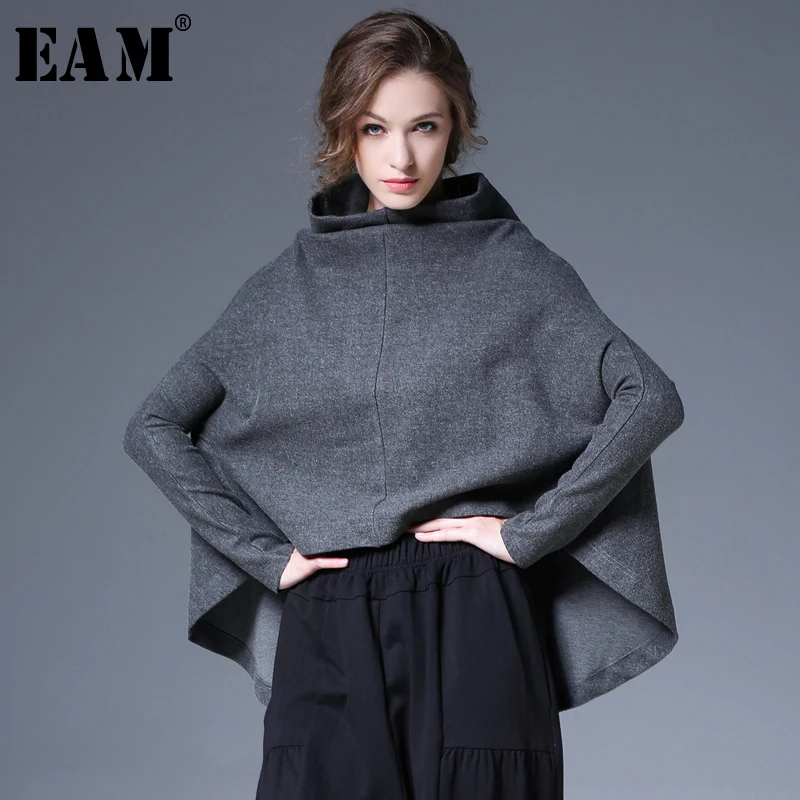 

[EAM] 2019Spring Summer Woman Black Gray Color Long Batwing Sleeve Irregular Length Round Sleeve Loose Pullovers T-shirt LE242