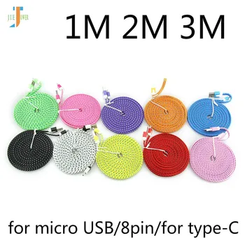 

100pcs 1M 2M 3M Durable Noodle Flat Braided Fabric TypeC Type-C Usb C USB-C Micro USB Data Sync Charger Cable for IPhone Samsung