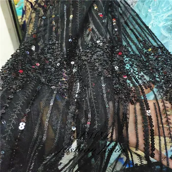 

2019 latest French lace fabric handmade African sequins embroidery tulle net lace fabric with beads for woman dress white gold