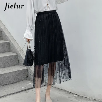

Jielur 2020 Summer Polka Dot Pleated Skirt Harajuku Elegant High Waist A-line Skirts Womens Long Midi Mesh Tulle Skirts Saia