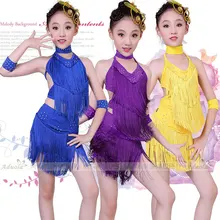 Детское платье для латинских танцев Saias Sociais, фиолетовое платье с кисточками, латинский бахрома, Детская сценическая танцевальная одежда, танго, сальса, костюмы для румбы