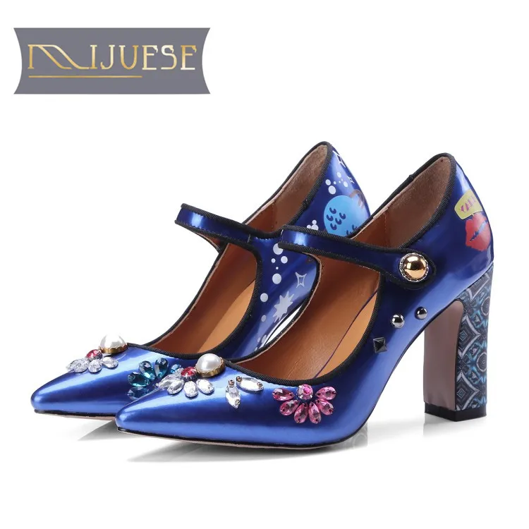 

MLJUESE 2018 women pumps autumn spring pointed toe blue color crystal Mary Janes square heel high heels pumps women size 34-40