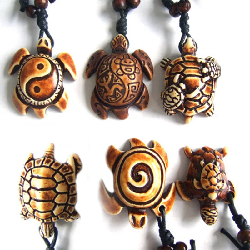 

Wholesale 12pcs Ethnic Tribal Faux Yak Bone Carving Hawaiian Sea Turtle Surfer Pendant Necklace
