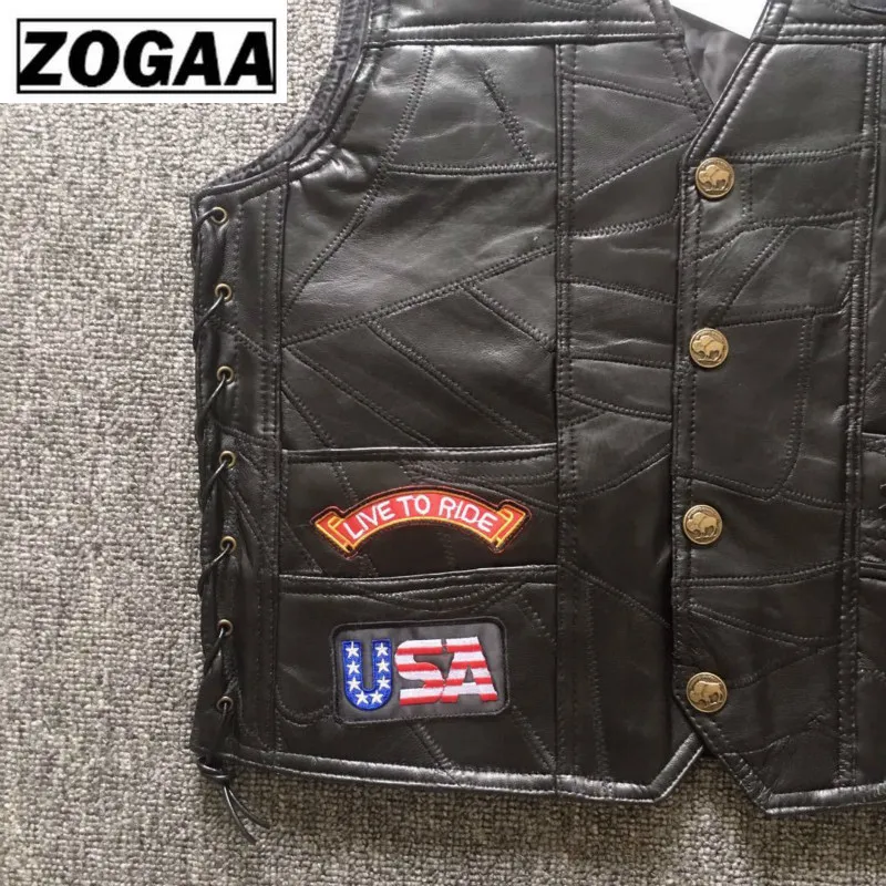 Black Genuine Leather Motorcycle Rider Vest Men Punk Retro Classic Style 14 Patches Motorcycle Jacket Men Vest Clothing