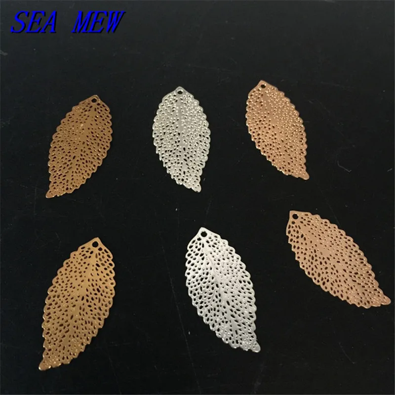 SEA MEW 36*17mm 20*10mm Fashion Metal Copper Gold/Silver color Filigree Hollow Out Leaf Pendant Charm For Jewelry Making 100PCS | Украшения
