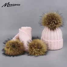 Boy Girl Pom Pom Beanie Warm Knitted Bobble Fur Pompom Hat and Scarf Set Children Real Raccoon Fur Pompon Winter Hat Skullies Boy Girl Pom Pom Beanie Warm Knitted Bobble Fur Pompom Hat and Scarf Set Children Real Raccoon Fur Pompon Winter Hat Skullies