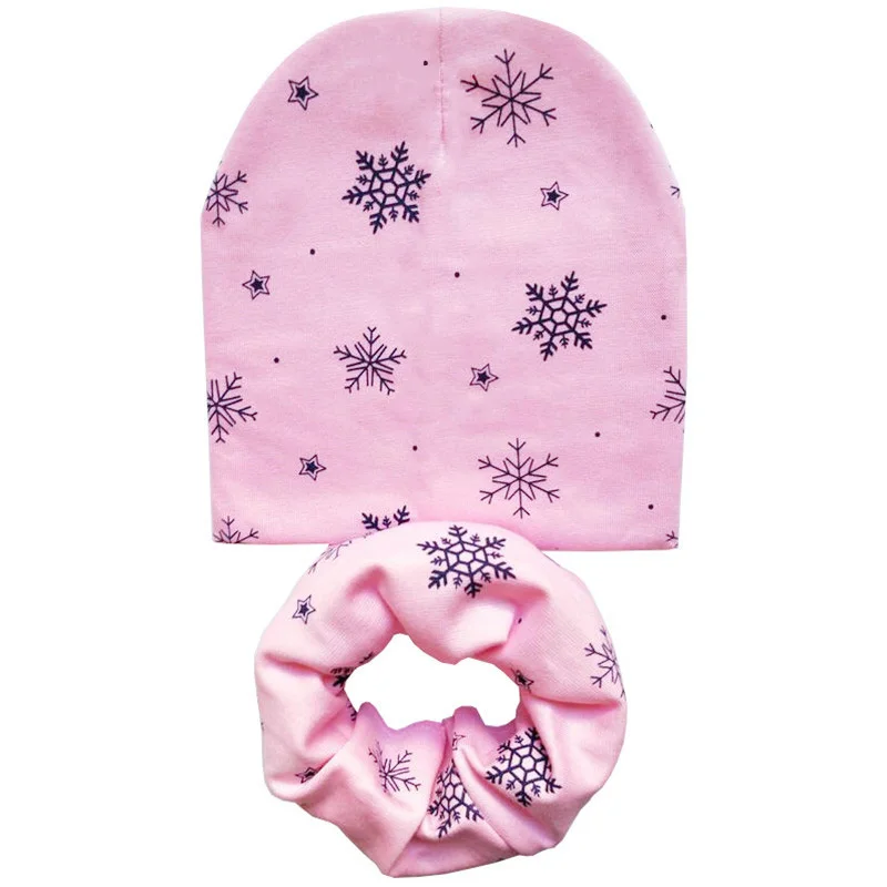 Pink Snowflake Set Новая осенне-зимняя детская шапка, комплект для мальчиков и девочек, шарф на шею, весенний теплый шейный платок, детские вязаные шапки, комплекты, хлопковая детская шапка, шарф - Цвет: Pink Snowflake Set