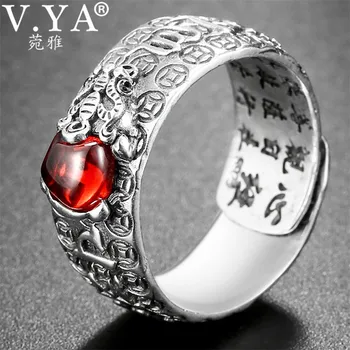 

V.YA Natural Red Garnet Stone Rings for Men Women 925 Sterling Silver Jewelry Chinese Pixiu Finger Ring Best Christmas Gift