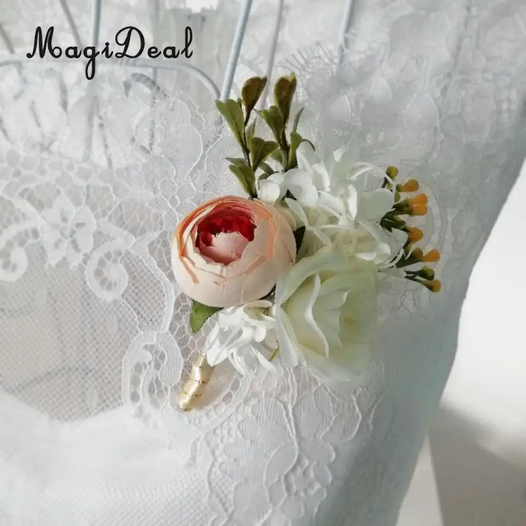 Romantic Wedding Party Rose Silk Flower Boutonniere Corsage Champagne decor