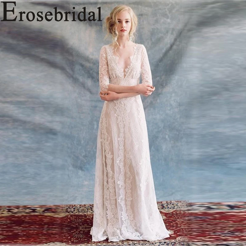 Erosebridal Новое поступление 2019 Бохо Половина рукава Свадебное платье v-образный вырез кружево на свадебное платье невесты платье плюс размер