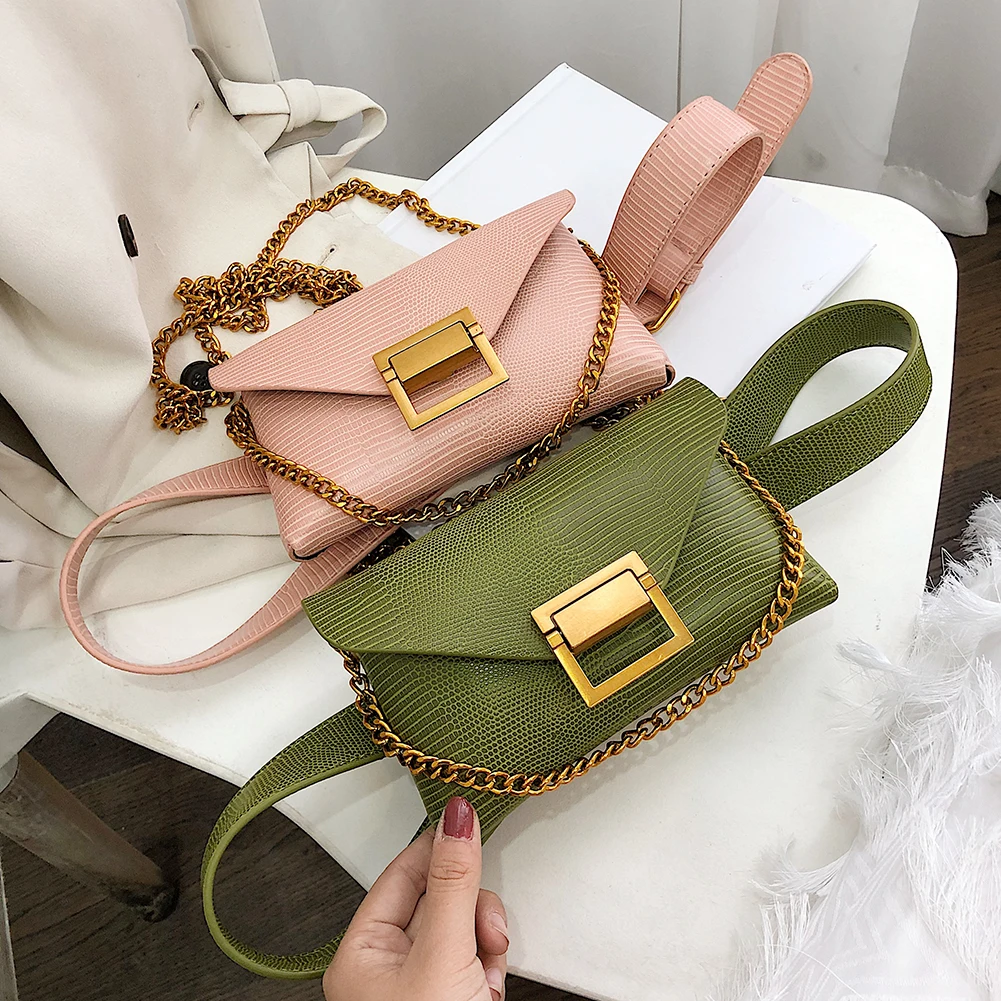 Fashion Ladies Solid Color Waist Fanny Belt Packs Shoulder Messenger Handbags PU Leather Casual Women Chain Crossbody Chest Bags