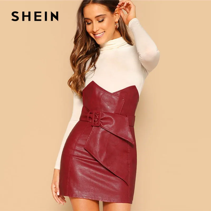 

SHEIN Burgundy Elegant Bodycon High Waist Belted Overlap PU Leather Skirt Women Spring Casual Glamorous Sheath Mini Skirt
