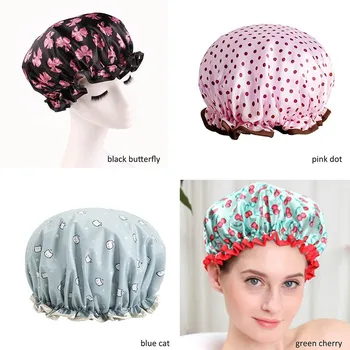 

1Pcs Reusable Double Thick Cap Elastic Bath Hat Waterproof Bathroom Accessories Products Lovely Women Shower Bathing Hair Cover