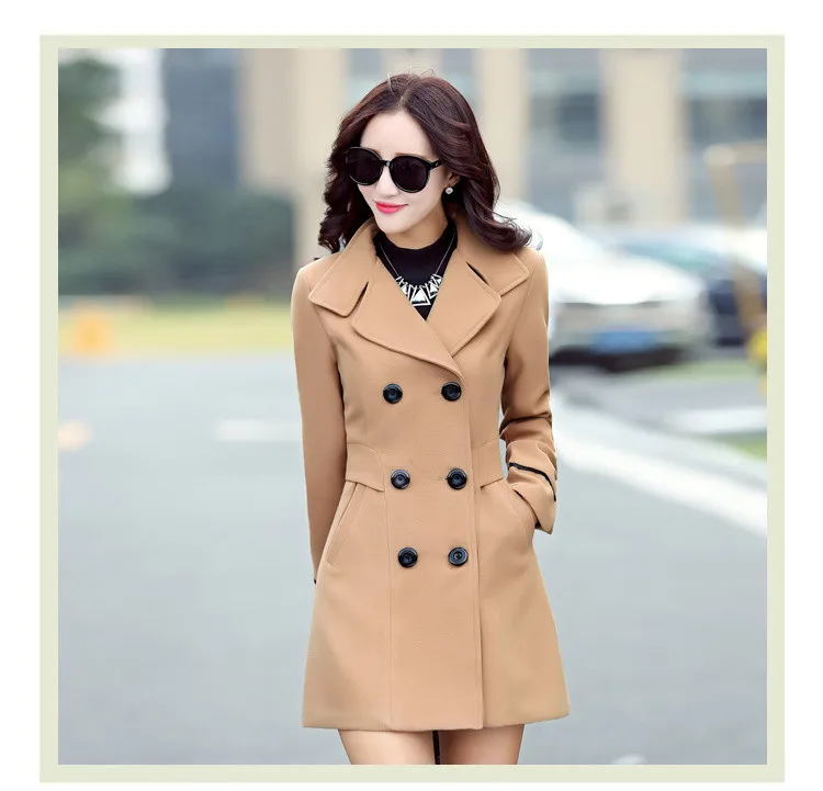 2019 Spring Office Lady Plus Size Women Coat Elegant Double Breasted Coat Tops Turn-Down Collar Fashion Blends Casual Long Coat