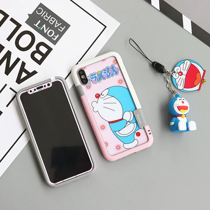 Doraemon задняя спереди закаленное Стекло Экран пленка для iPhone 7 8 Plus 6 6 S 6 p для iPhone XS max/XR противоударный бампер 3D держатель для игрушек