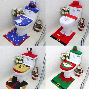 

Eco Friendly Toilet Foot Pad Cover Cap 3Pcs Christmas Decorations Happy Santa Toilet and Rug Bathroom Set