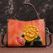 Genuine Leather Bag Female Top Handle Messenger Bags Flower Embossed Retro Design Handbag Natural Skin Women Tote Shoulder Bag