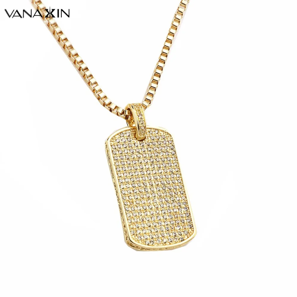 VANAXIN вымощенные модные ожерелья с подвеской для мужчин золотистые друзы Iced Out квадратные шикарные панк Мини Ювелирная бирка для собак блестящий подарок