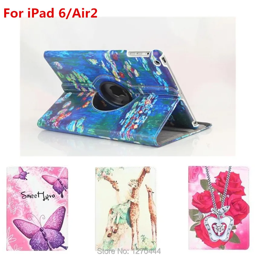 

360 Degree Rotating Leather Cases Cover for iPad 6/ipad Air 2 9.7 tablet with Retina Smart Colorful Painting Stand holder cover
